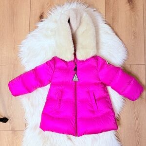 Moncler Brand New Fuchsia Puffer Jacket with Fur Trim - Size 18-24 months